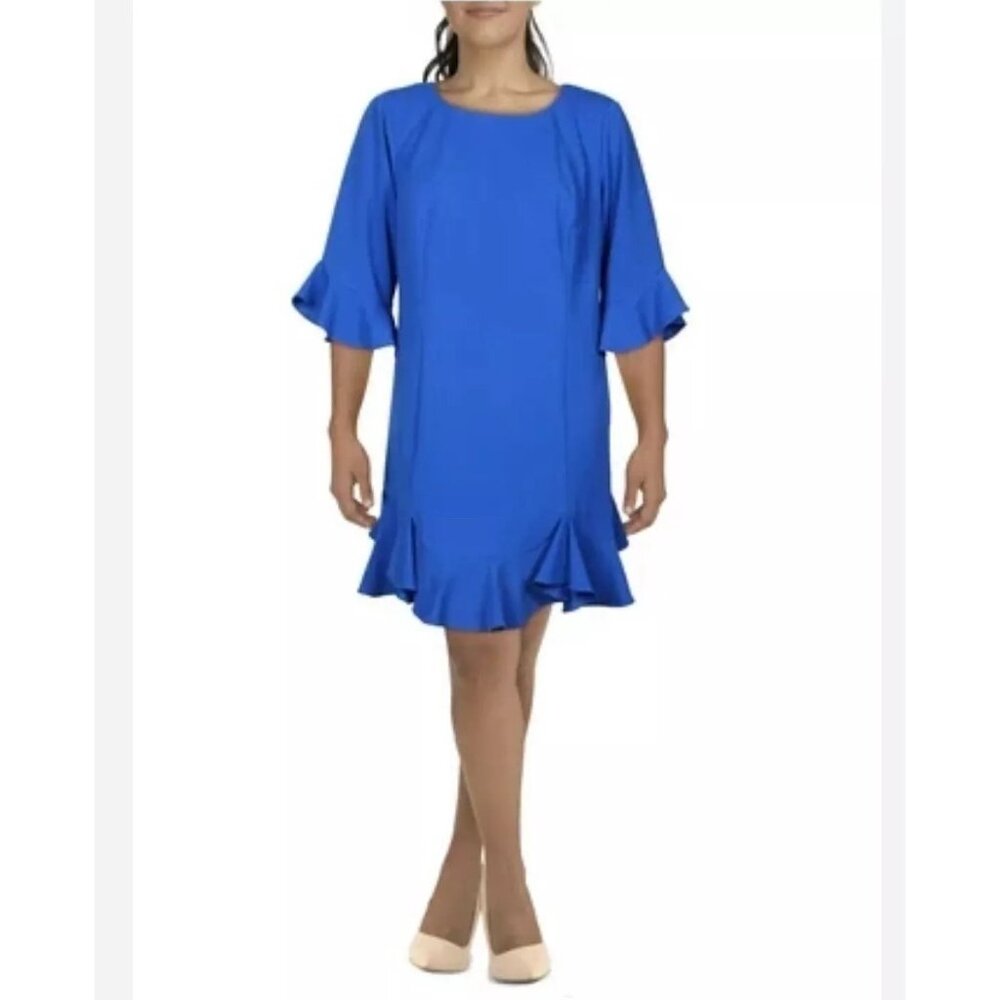 Adrianna Papell Blue Knit Crepe Ruffled Sheath Dress  Size 18W NWT